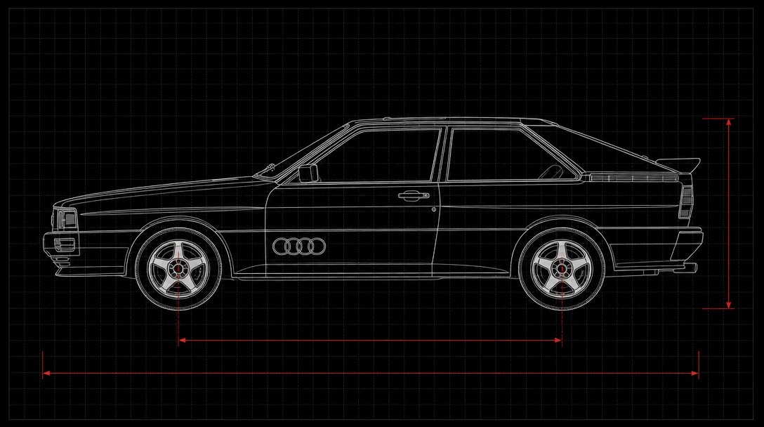Plano técnico del Audi quattro de 1980 con sus datos de motor, tracción y dimensiones